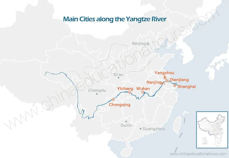 a map of the main cities along the Yangtze River