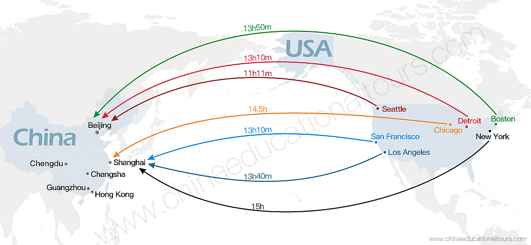 Flight times from USA to China