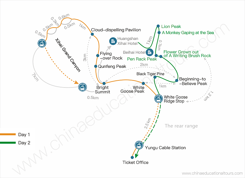 a map for 2 days huangshan tour