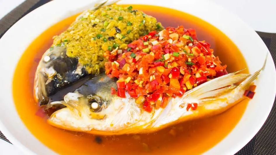 Steamed Fish Head with Diced Hot Red Peppers 