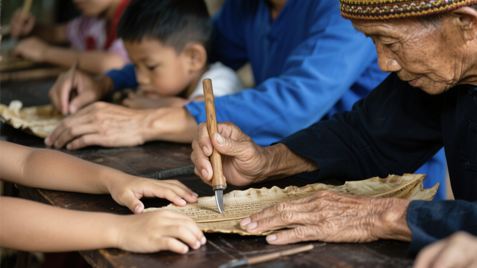 Palm-leaf scripture engraving